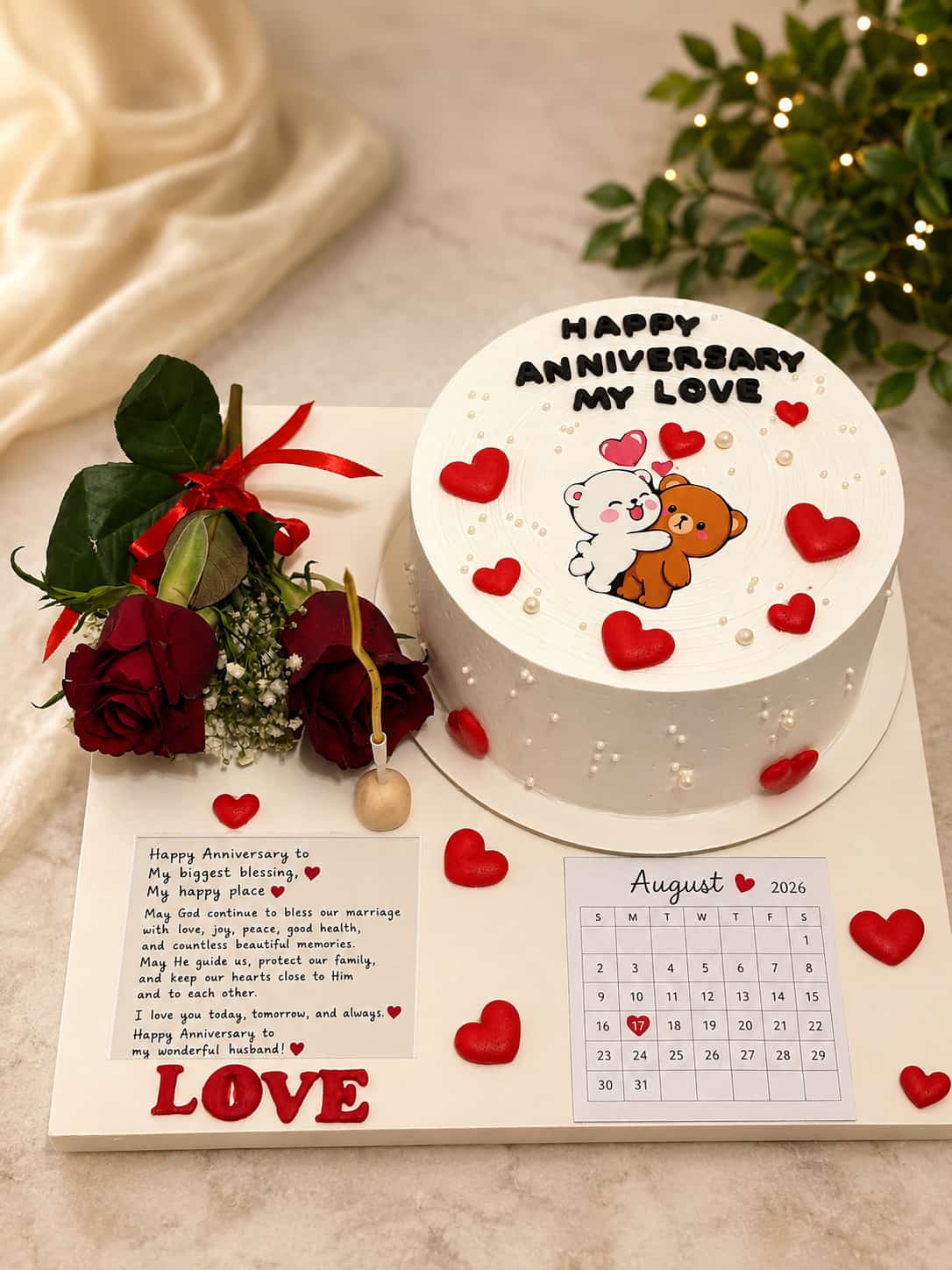 White anniversary cake with an edible print of a hugging bear couple, red fondant hearts and pearls, personalised 'Happy Anniversary My Love', with red roses beside it, by CakeCanva in Bahrain.