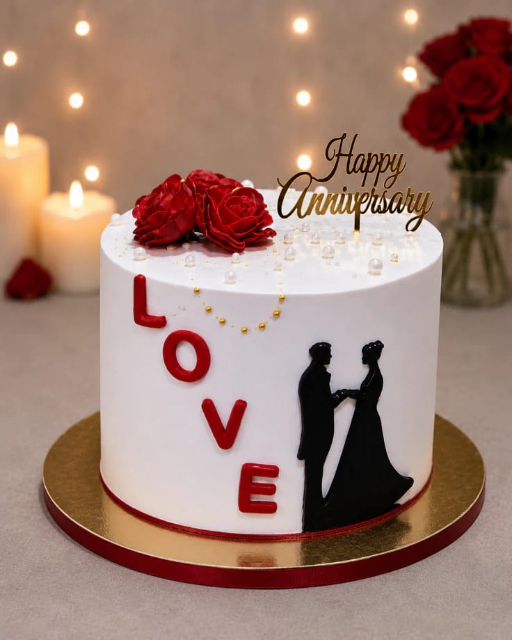 White anniversary cake with fresh red roses, pearls, a gold Happy Anniversary topper, and bold red LOVE lettering, styled for celebrations in Bahrain.