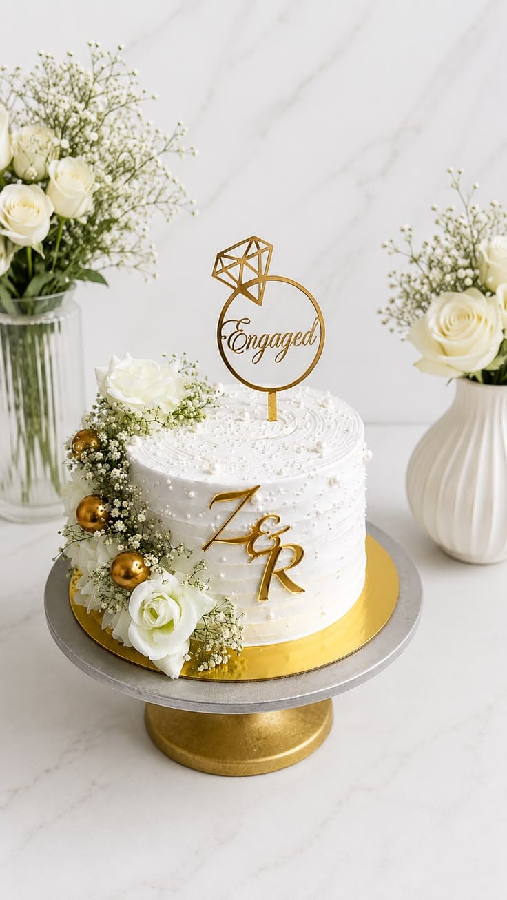White buttercream cake decorated with fresh white roses, gold pearls, and a gold Engaged ring topper, ideal for anniversary or engagement celebrations in Bahrain.