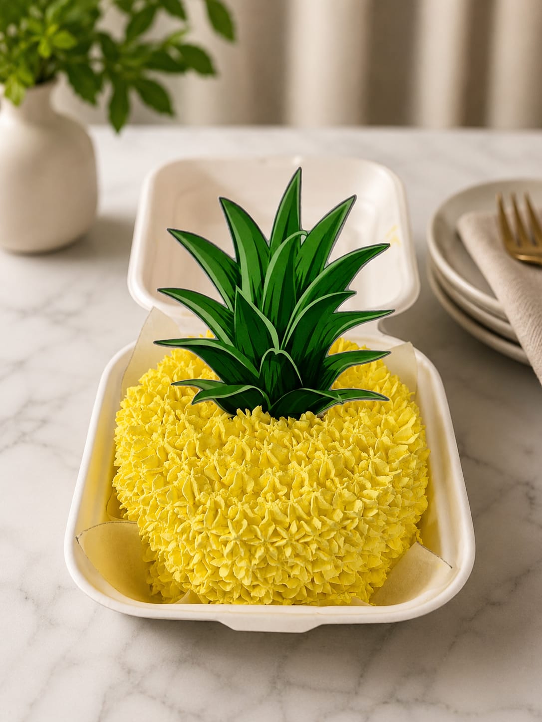 Mini pineapple-shaped bento cake with textured yellow buttercream and a green leaf topper, a CakeCanva bento cake in Bahrain.