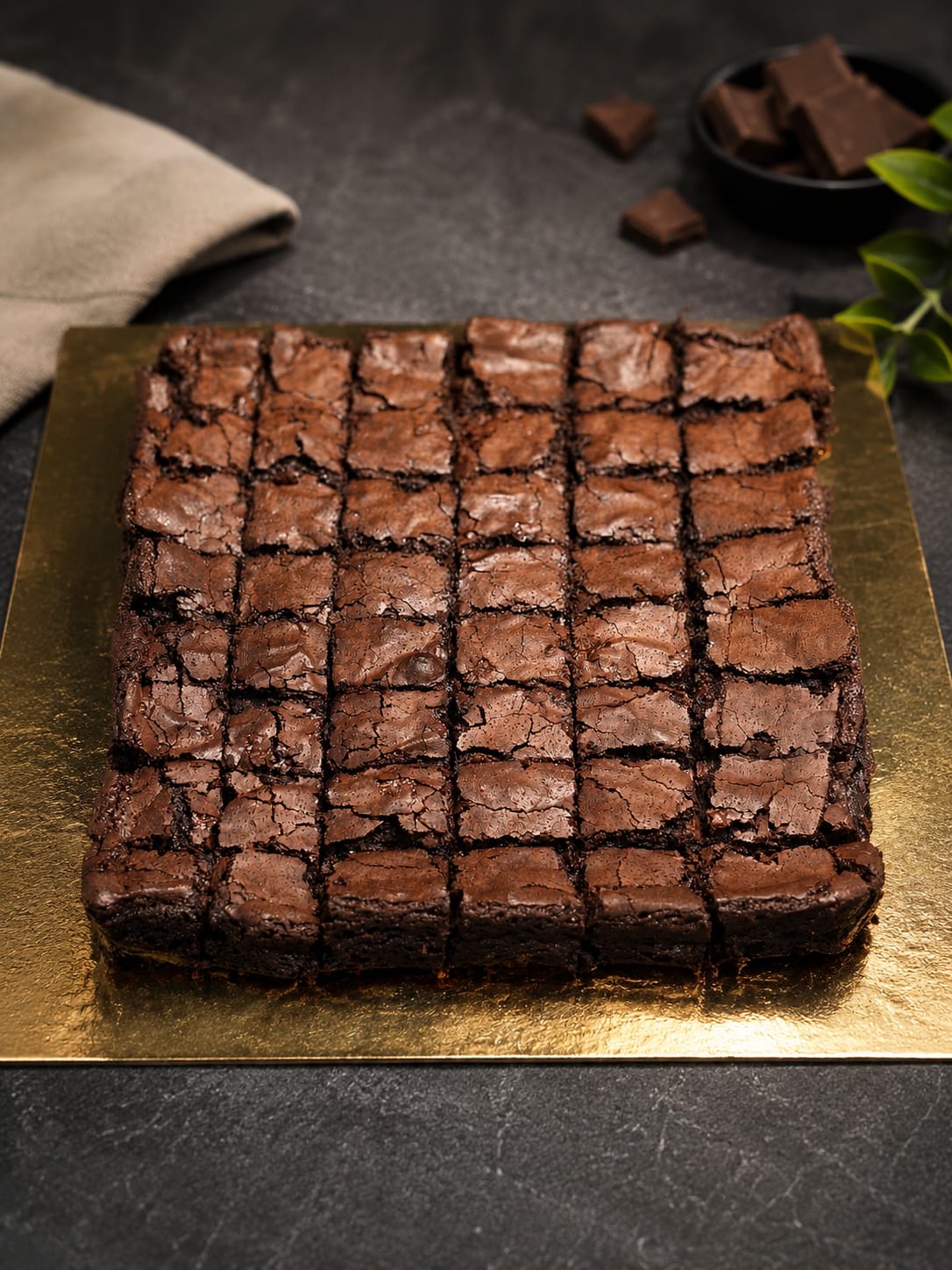 Tray of freshly baked fudge brownies cut into squares on a gold board, with chocolate pieces beside it, by CakeCanva in Bahrain.