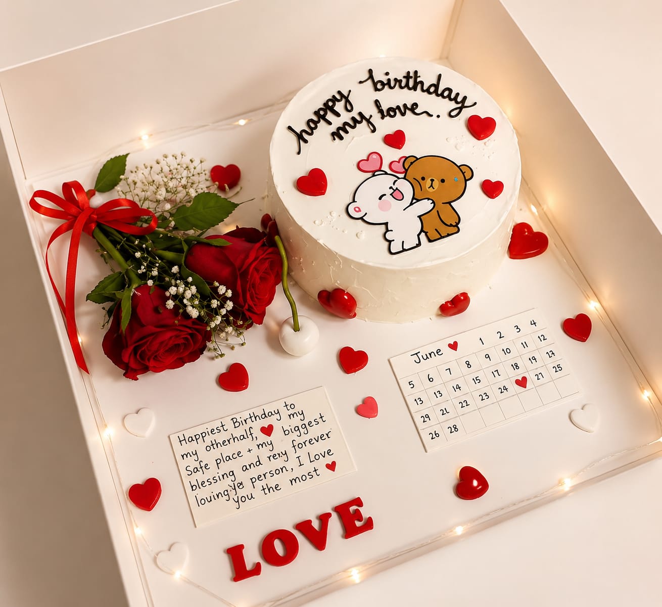 White birthday cake with a romantic script message and a bouquet of red roses with baby's breath, a romantic surprise gift box in Bahrain.