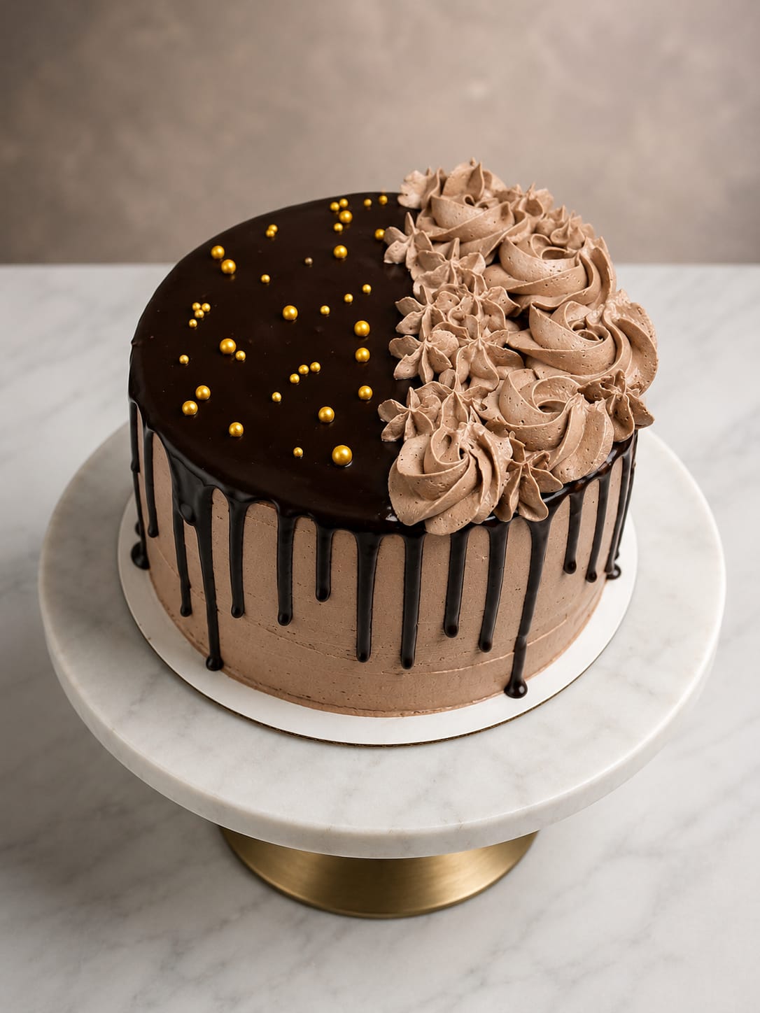 Round chocolate cake with a half chocolate ganache drip and half chocolate buttercream rosette design, finished with gold sugar pearls, a signature chocolate cake in Bahrain.