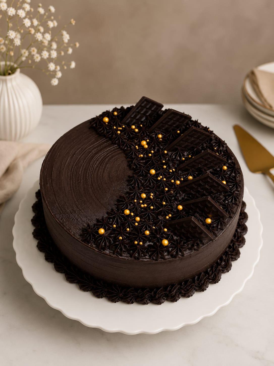 Round dark chocolate ganache cake topped with standing chocolate bar shards, piped chocolate swirls, and gold sugar pearls, a rich chocolate cake in Bahrain.
