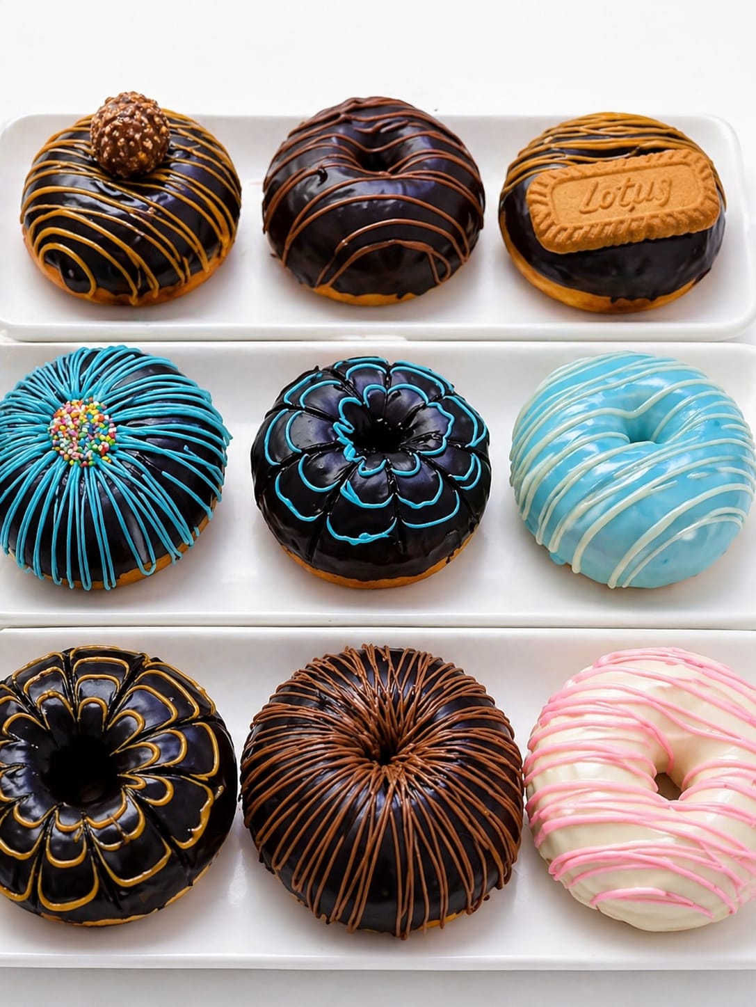 Nine gourmet glazed donuts on white trays with chocolate, caramel, blue and pink drizzles, a Ferrero Rocher topper and a Lotus Biscoff biscuit, by CakeCanva in Bahrain.