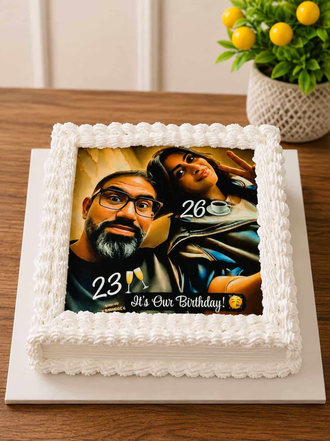 Square cake with a thick whipped-cream rope border framing a full edible photo print of a couple, with custom ages and 'It's Our Birthday!' text, a joint birthday photo cake in Bahrain.