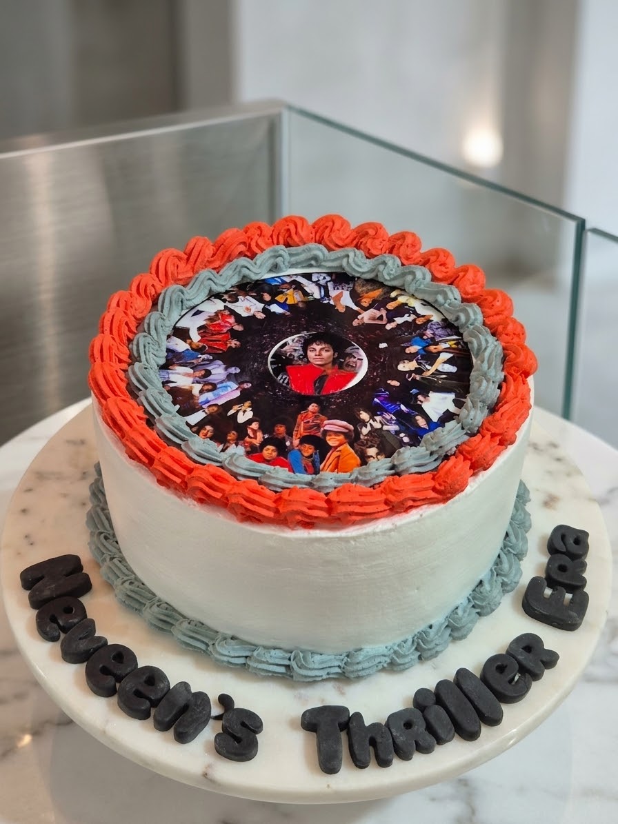 Round white cake with an edible photo print topped with orange and grey piped borders, a custom photo print cake in Bahrain.