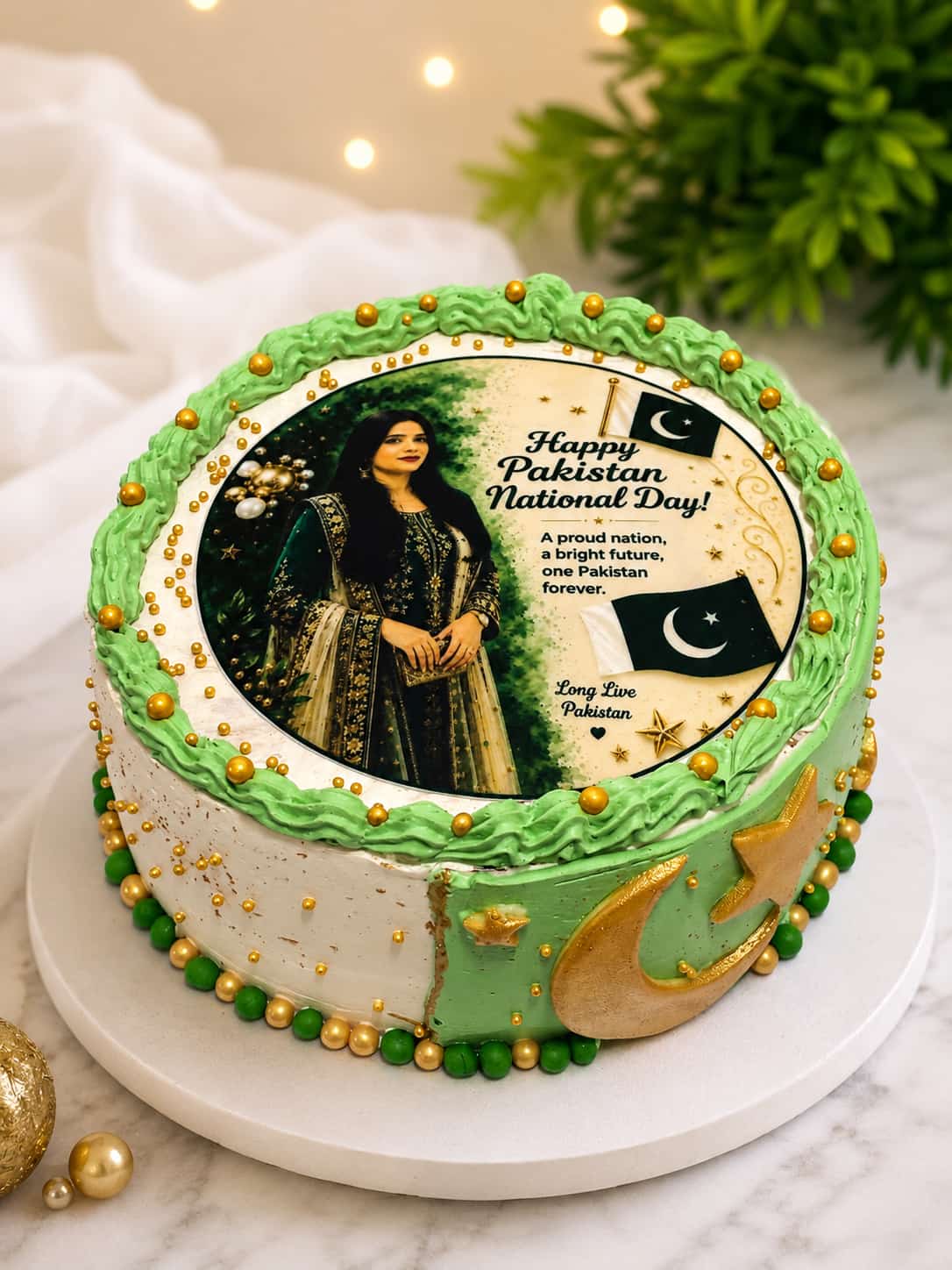 Round cake with a green and gold pearl border and fondant crescent moon and star, featuring an edible photo print of a woman in traditional dress with Pakistan flags and 'Happy Pakistan National Day' text, in Bahrain.