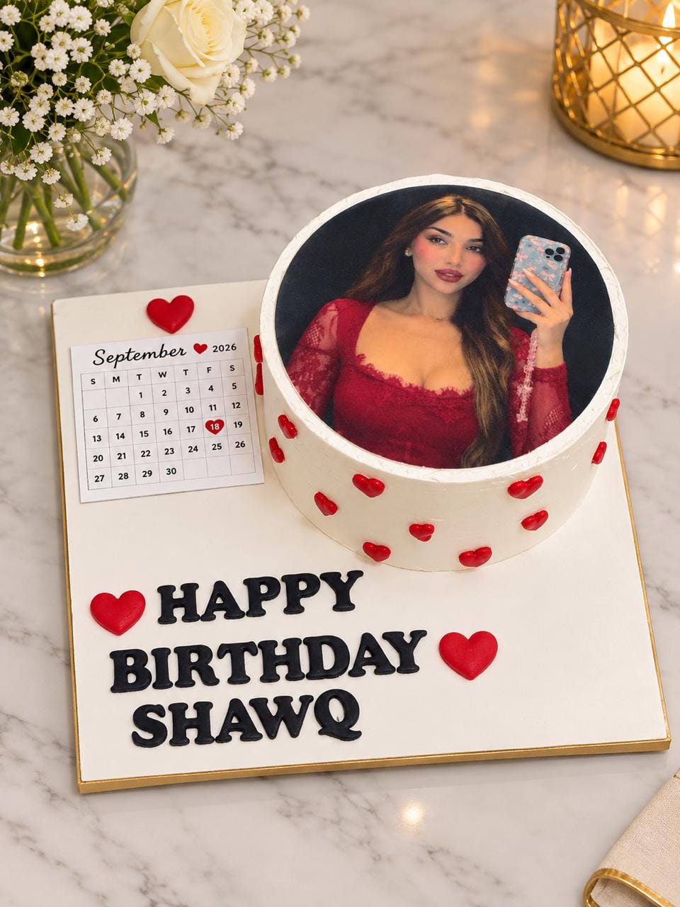 Round white cake with an edible photo print on top, red fondant hearts around the side and a September 2026 calendar card with the date marked by a heart, personalised 'Happy Birthday Shawq' on the board, in Bahrain.