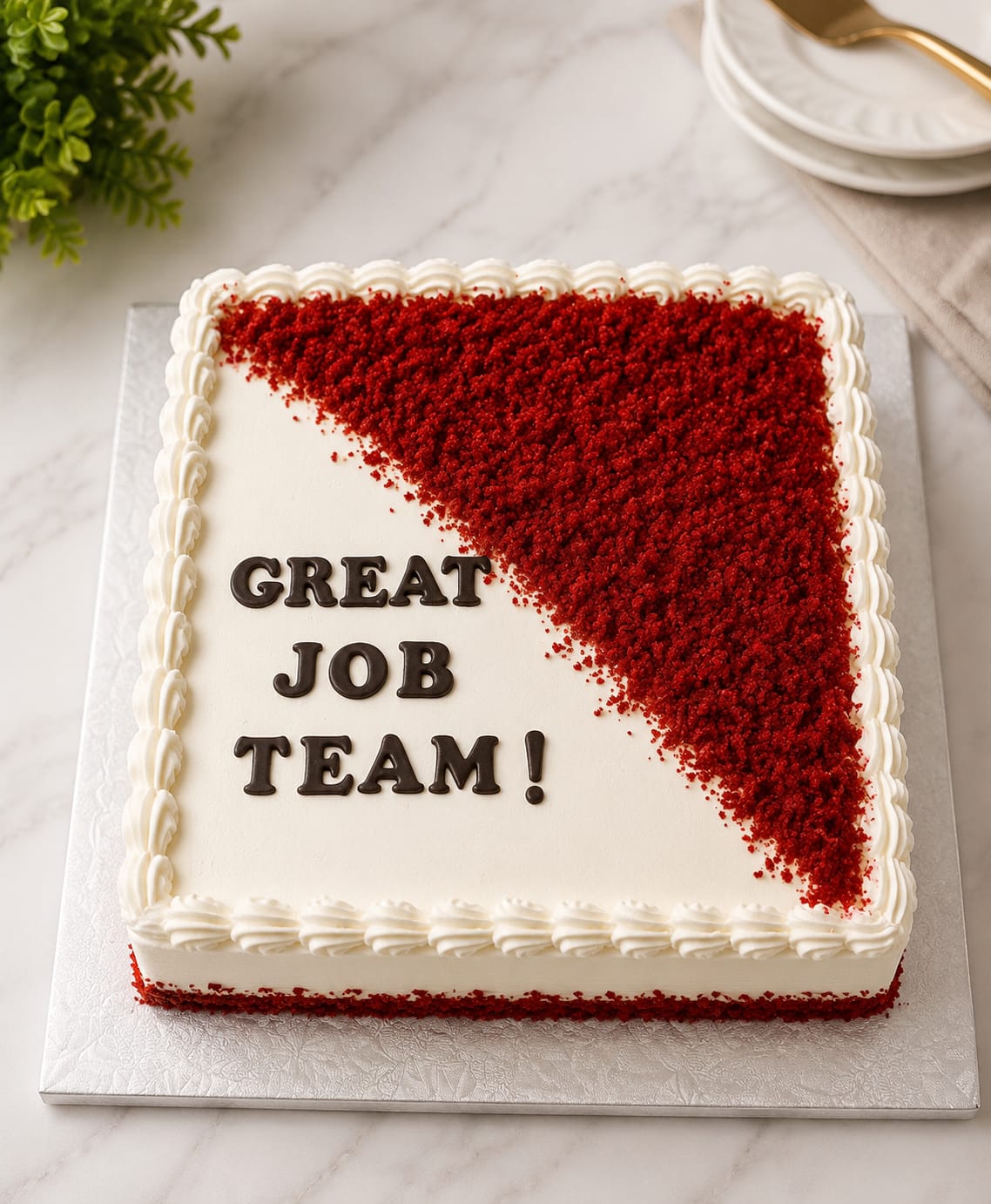 Square white cake with a diagonal of red velvet crumb, a piped shell border and 'Great Job Team!' in chocolate letters, a team celebration cake by CakeCanva in Bahrain.