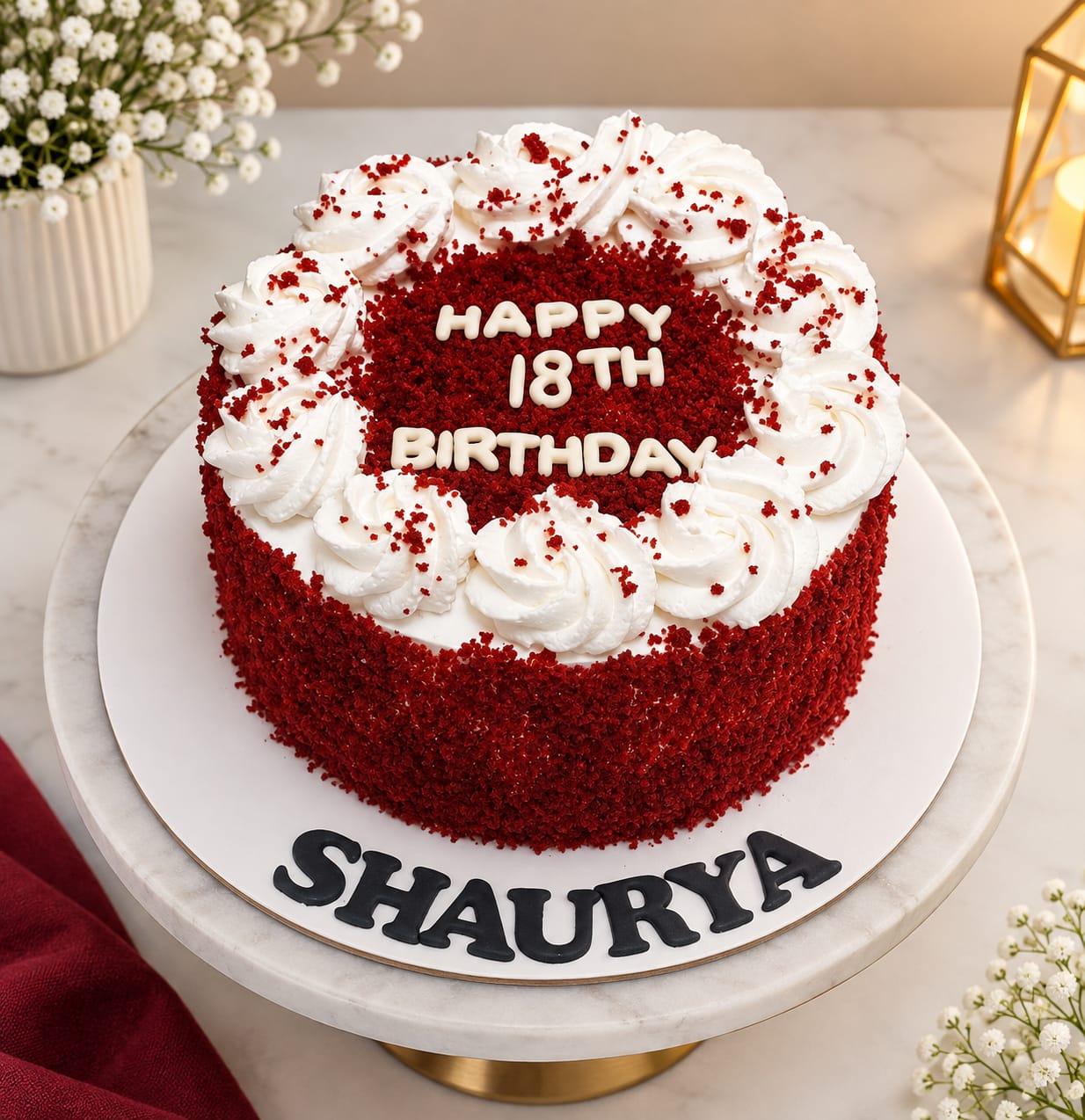 Round red velvet cake coated in red velvet crumb with a ring of white whipped cream rosettes, personalised 'Happy 18th Birthday' in white letters and 'Shaurya' in black fondant, in Bahrain.