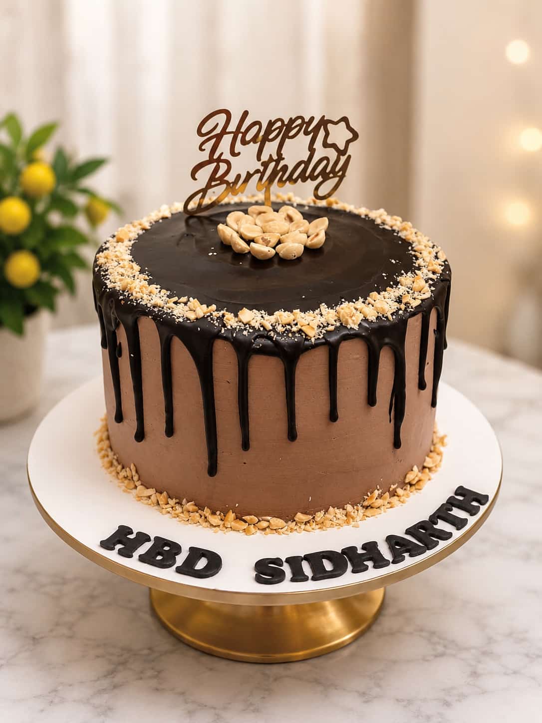 Chocolate buttercream birthday cake with a dark chocolate drip and crushed roasted peanuts, available eggless, by CakeCanva in Bahrain.