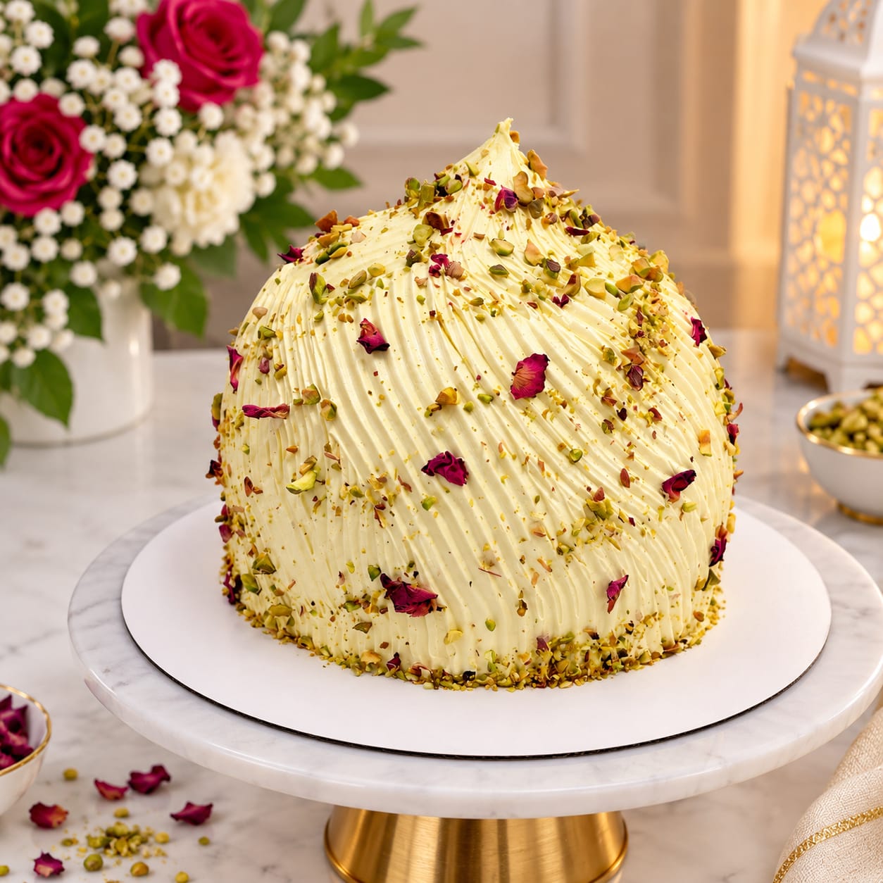 Tall dome-shaped cake covered in swirled pale yellow buttercream and scattered with crushed pistachios and dried rose petals, styled with pink roses and an Arabic lantern, in Bahrain.