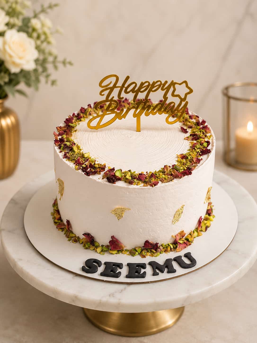 White birthday cake trimmed with dried rose petals, pistachio crumble, and edible gold leaf, topped with a gold Happy Birthday topper and the name Seemu, a flower theme signature cake in Bahrain.