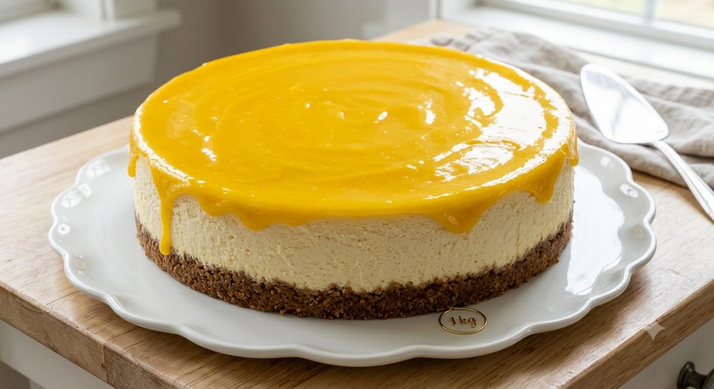 Creamy baked cheesecake with a glossy mango puree drip topping and a biscuit crust, served on a white scalloped plate in Bahrain.