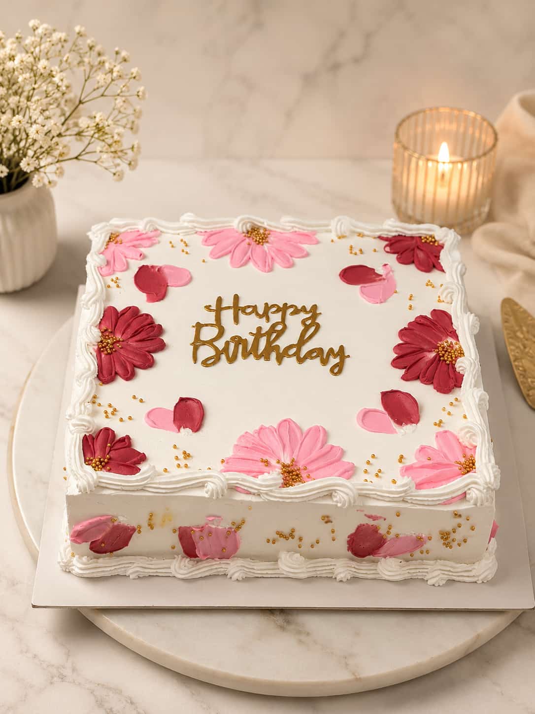 Square white buttercream birthday cake decorated with hand-piped pink and burgundy flowers and gold pearls, a flower theme cake popular in Bahrain.