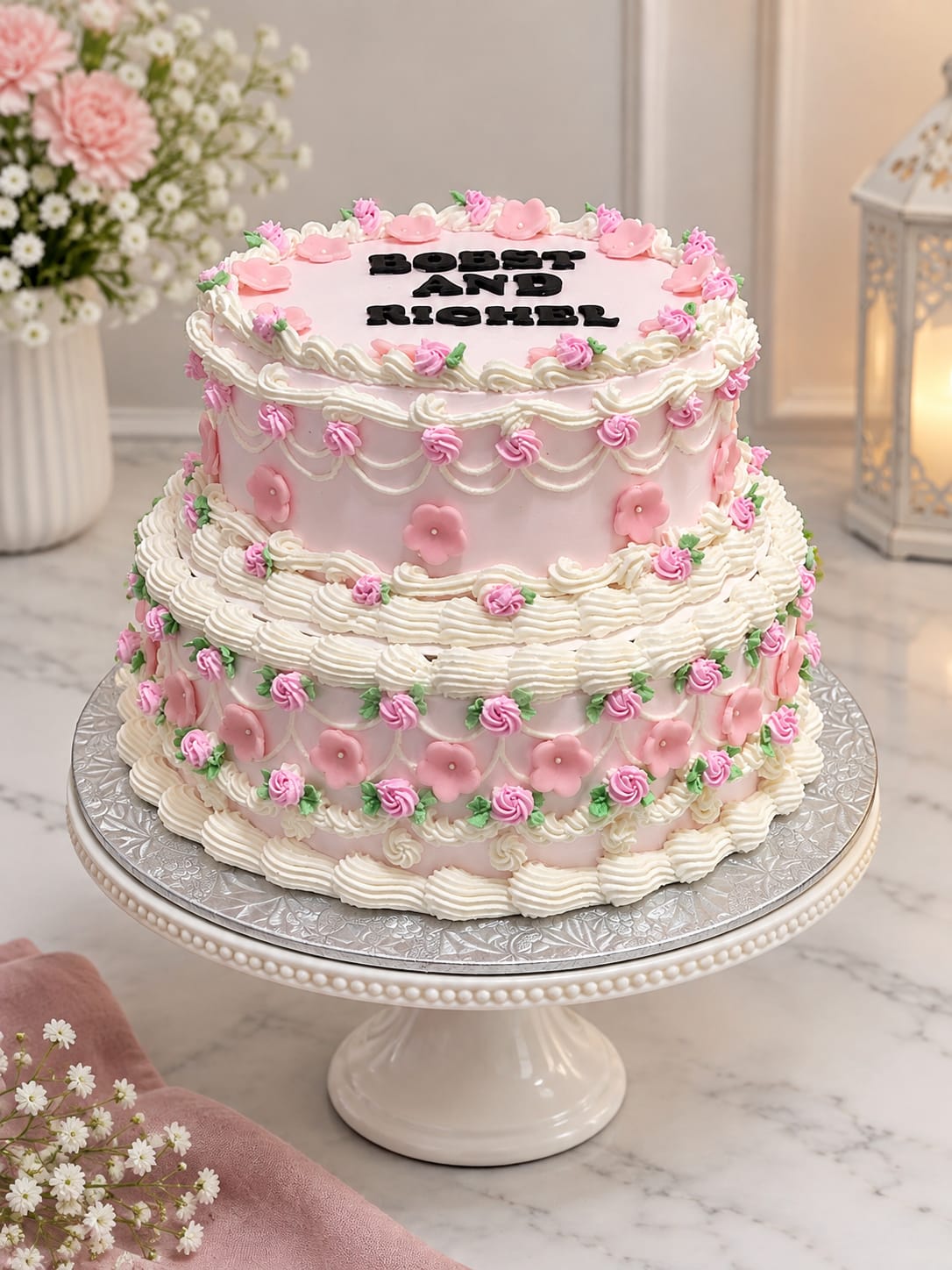 Two-tier pink vintage cake with cream Lambeth piping, rosettes and fondant blossoms, made from scratch by CakeCanva in Bahrain.