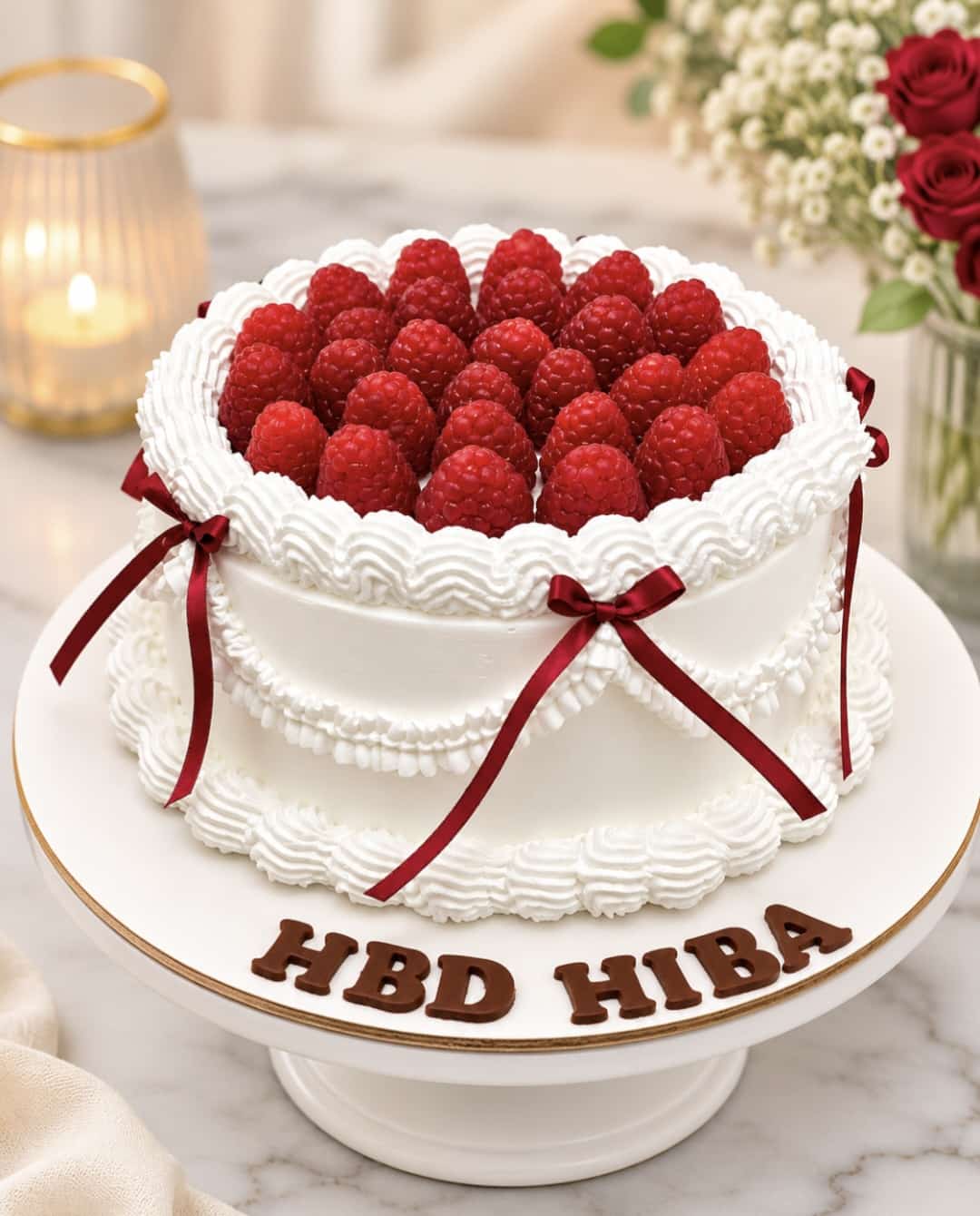 White vintage cake with Lambeth piping, fresh raspberries and maroon bows by CakeCanva in Bahrain.