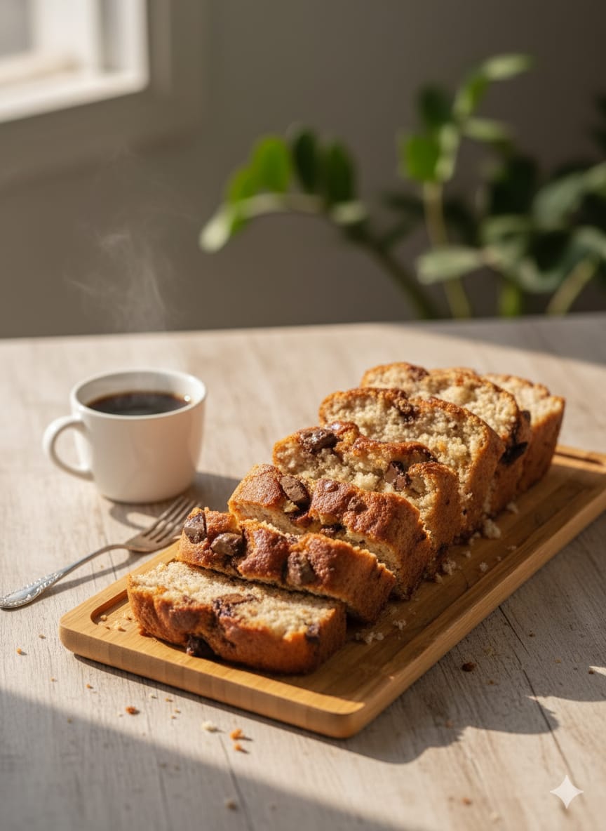 Sliced dry cake loaf studded with chocolate chunks on a wooden board beside a cup of coffee, by CakeCanva in Bahrain.