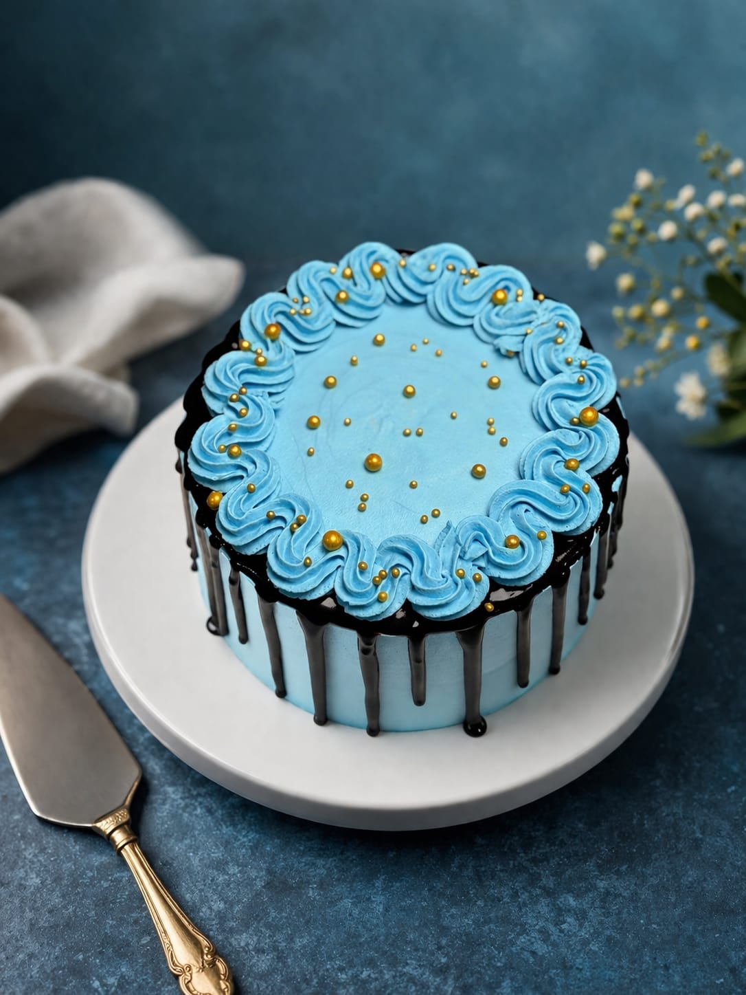 Light blue buttercream cake with a dark chocolate ganache drip, blue rosette border, and gold sugar pearls, a custom theme cake in Bahrain.