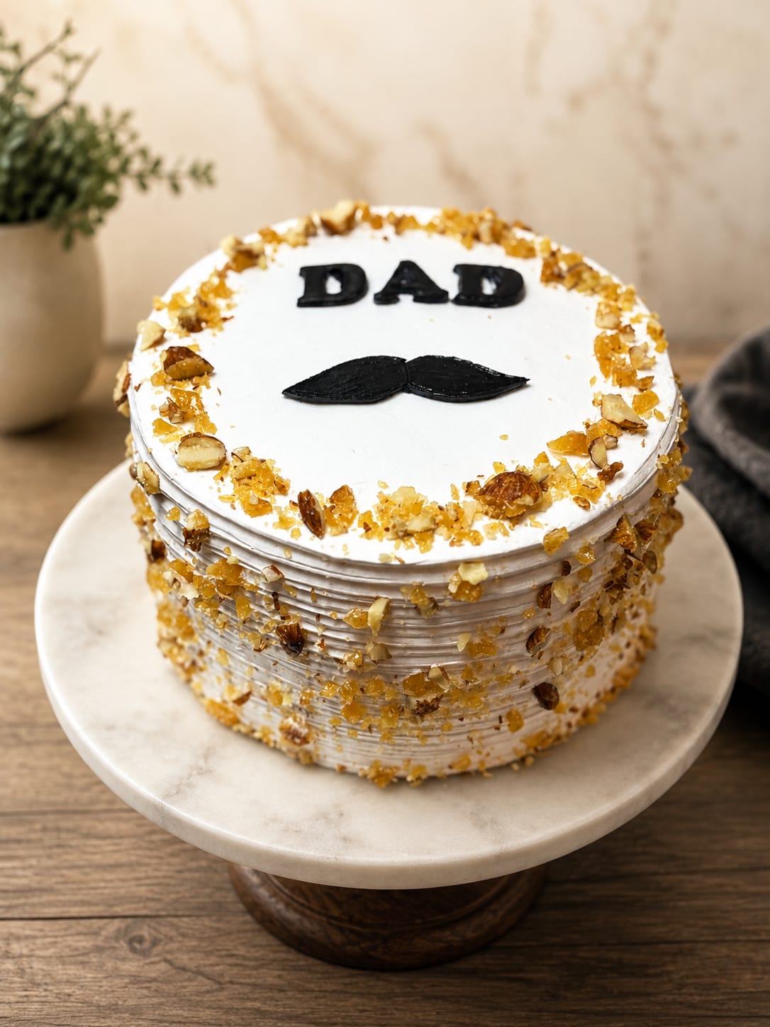 Butterscotch cake generously coated in caramelized almond praline crunch, topped with fondant 'DAD' text and a mustache design, a custom theme cake in Bahrain.