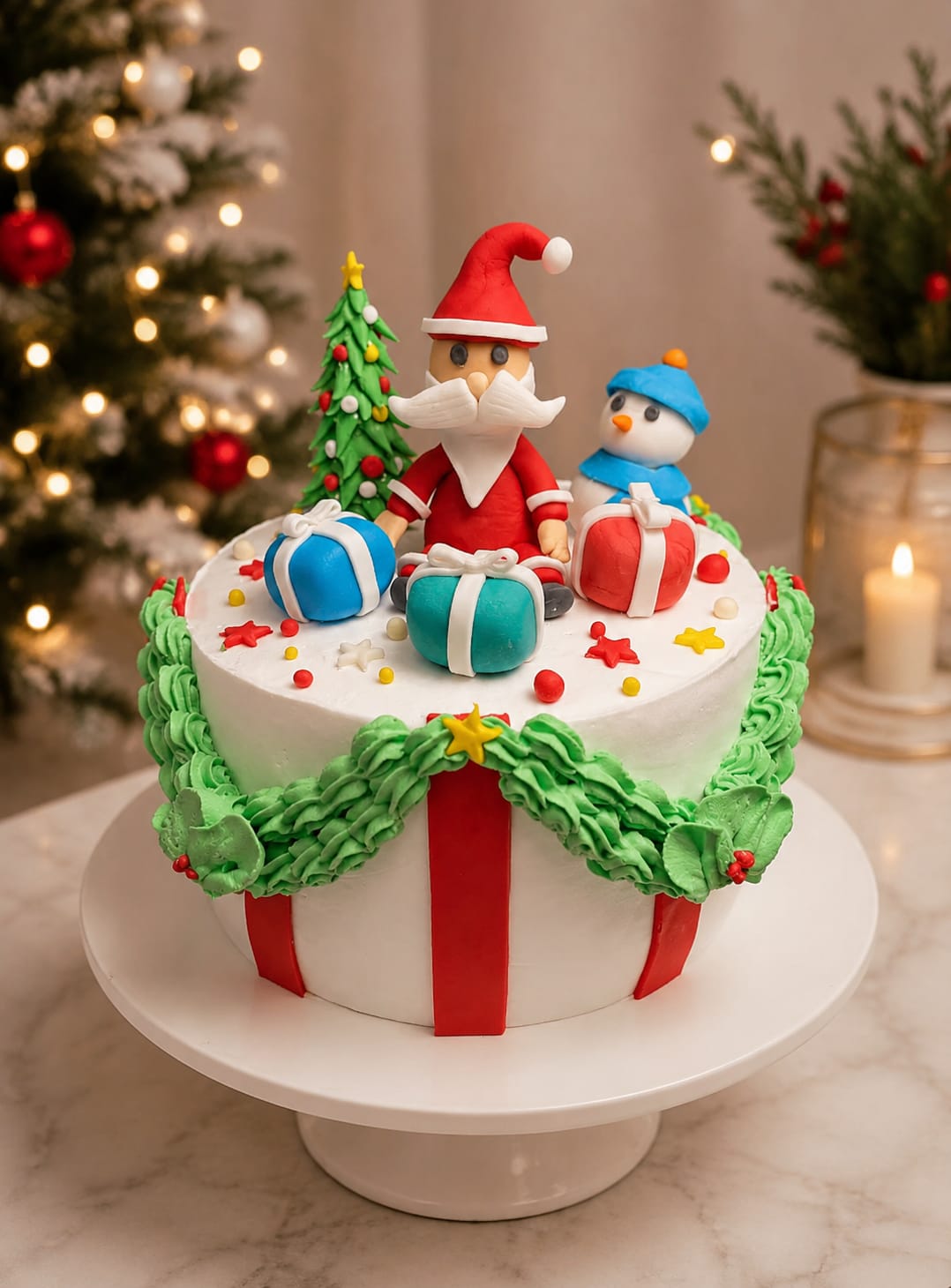 White Christmas cake designed as a gift box with red ribbon, green garland, and fondant figures of Santa Claus, a snowman and a decorated tree, festive dessert available in Bahrain.