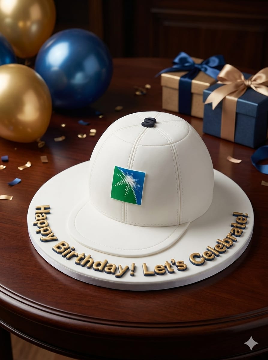 White fondant cake sculpted as a baseball cap with a company logo, a corporate custom theme cake in Bahrain.