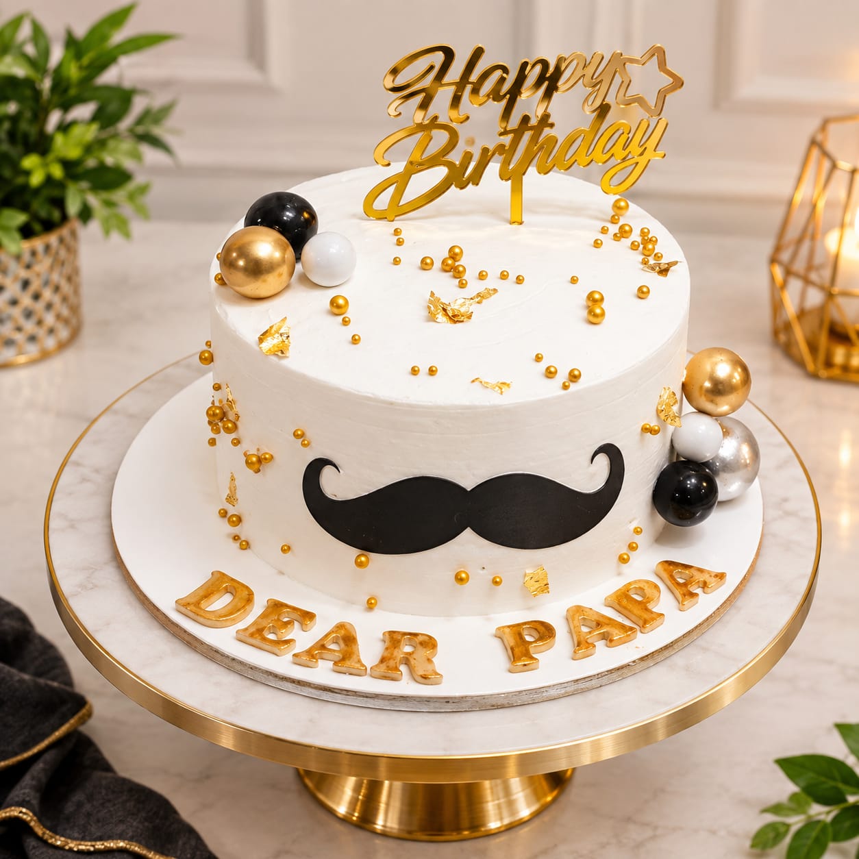 White buttercream birthday cake with a black fondant mustache, gold, black and white sugar spheres, gold leaf and a gold acrylic 'Happy Birthday' topper, personalised 'Dear Papa' in gold letters, in Bahrain.