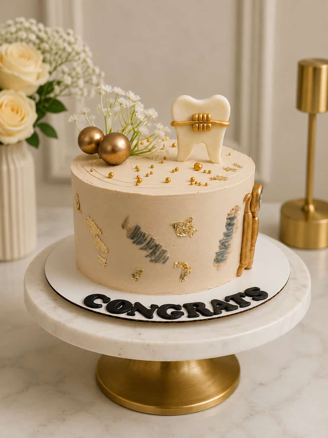 Cream buttercream congratulations cake decorated with a fondant tooth wearing gold braces, gold leaf accents, and cream roses, celebrating an orthodontist milestone in Bahrain.