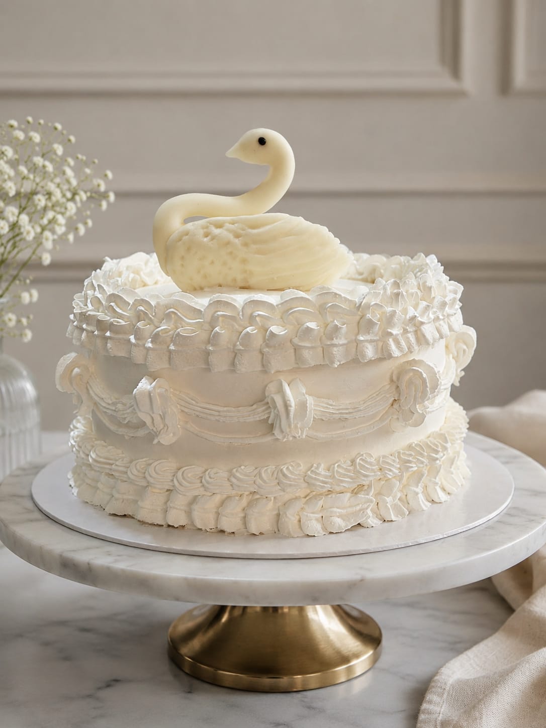 Tall white buttercream cake with intricate lace piping and scrollwork, topped with a hand-sculpted white chocolate swan, an elegant custom cake in Bahrain.