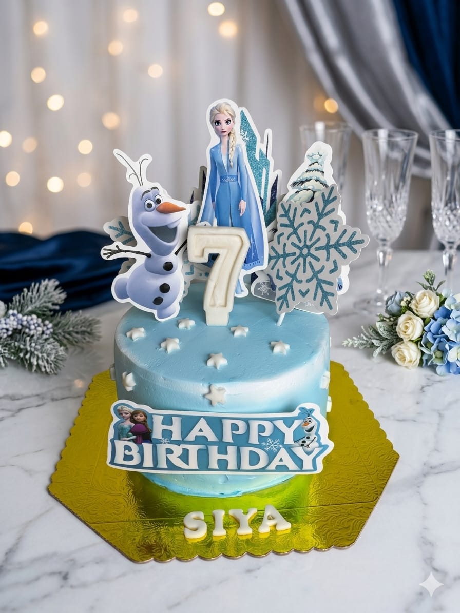 Light blue ombre birthday cake topped with Elsa and Olaf cutout figures and snowflake decorations, a Frozen themed custom cake in Bahrain.