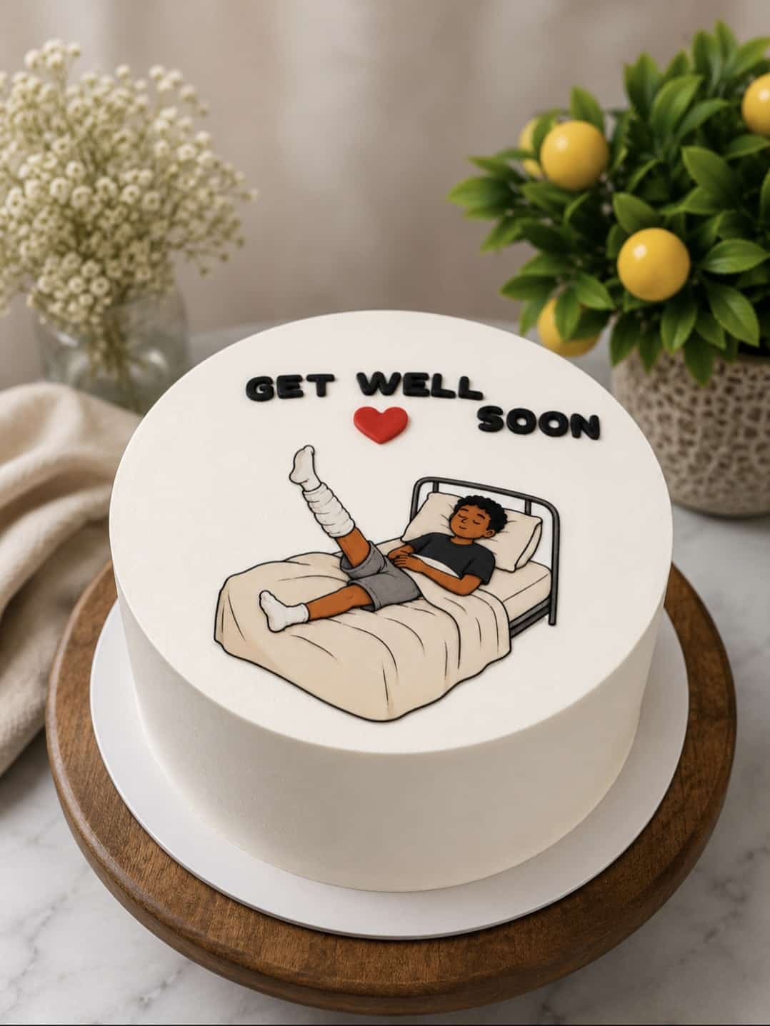 White cake with a red fondant heart and 'Get Well Soon' lettering above an edible print of an illustrated boy resting in bed with a bandaged leg raised, a cheer-up cake in Bahrain.