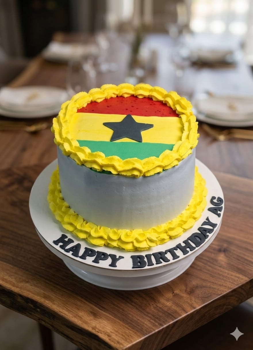 Round birthday cake decorated with a red, yellow, and green Ghana flag design and a black star, finished with a yellow ruffled border, ordered in Bahrain.