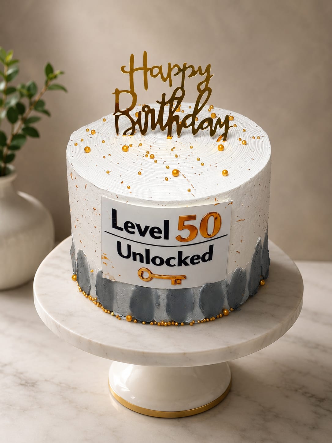 White and grey speckled buttercream cake with gold splatter and a Level 50 Unlocked gamer-style plaque, a custom theme cake in Bahrain.