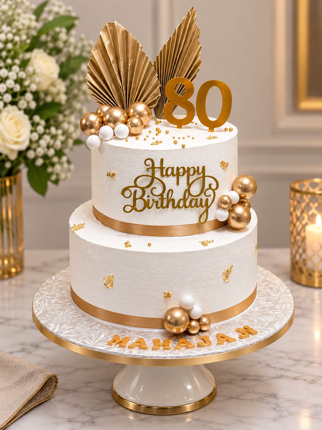 Two-tier white buttercream cake with gold satin ribbon, gold pleated paper fan toppers, gold and white spheres, gold leaf, a gold acrylic '80' and 'Happy Birthday' topper, personalised 'Mahajan', in Bahrain.