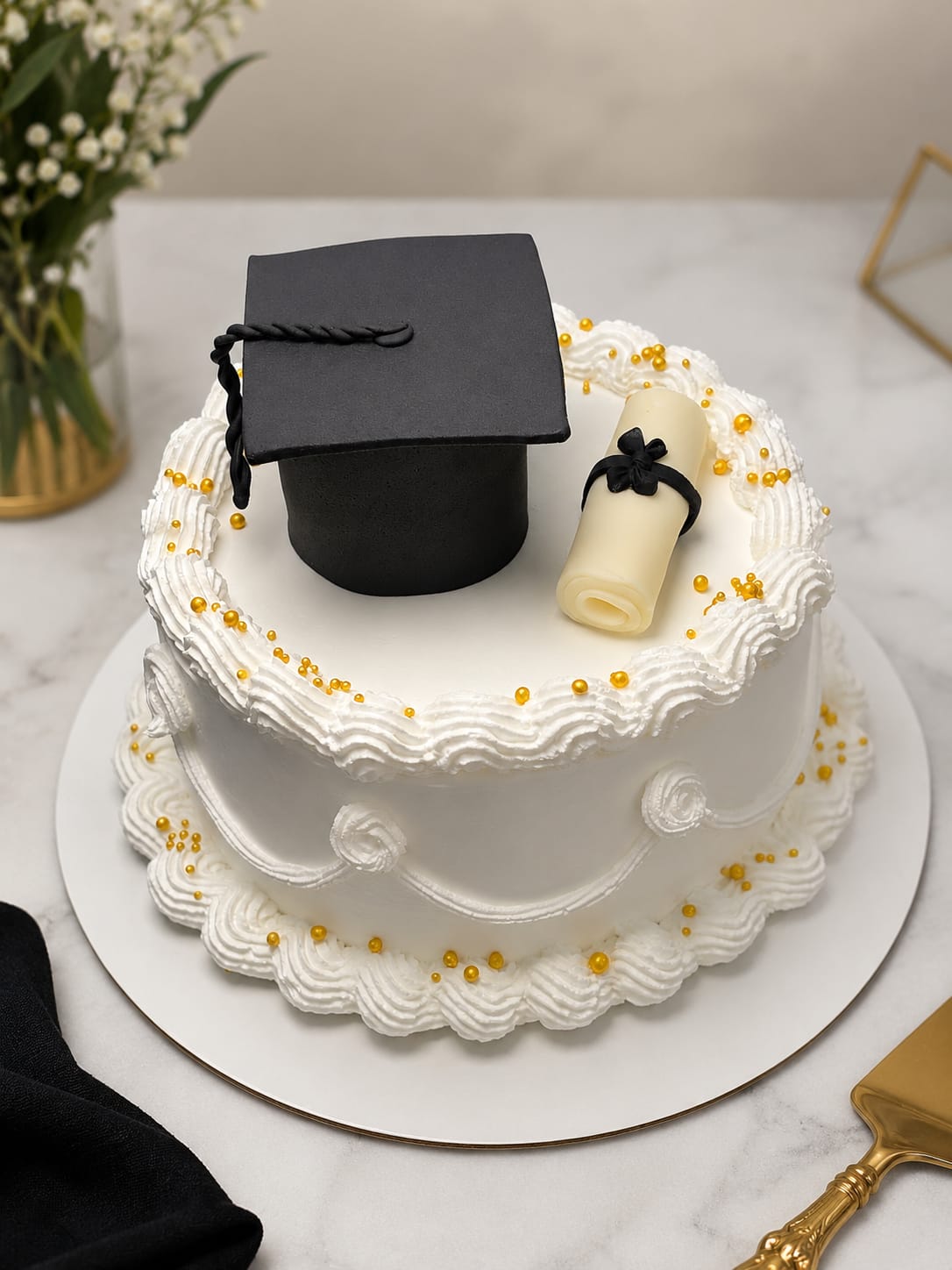 White buttercream cake topped with a fondant black graduation cap and rolled diploma, a graduation custom cake in Bahrain.