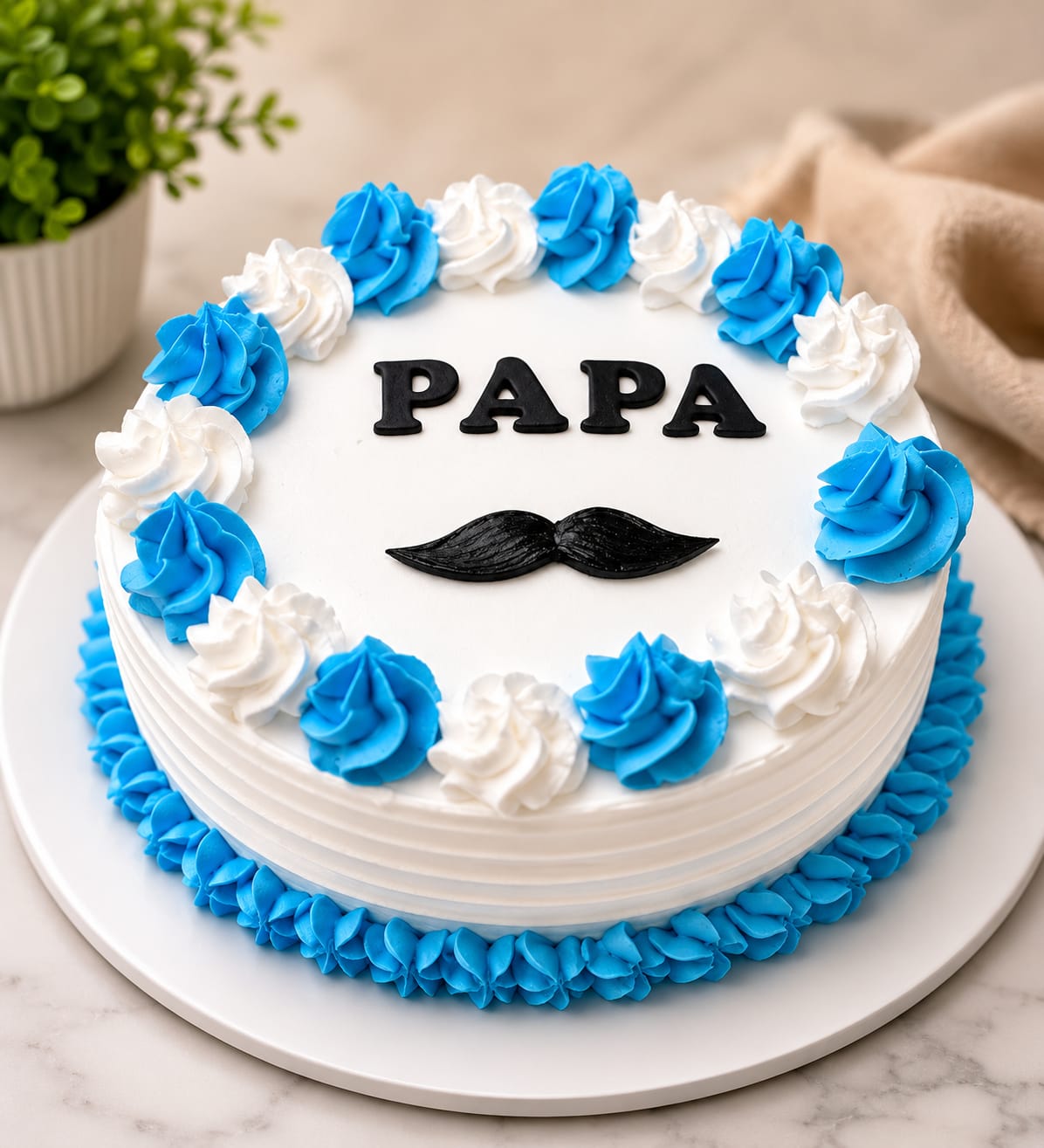 Round white buttercream cake bordered with blue and white piped swirls, decorated with a black fondant mustache and PAPA lettering, a Father's Day and dad's birthday theme cake in Bahrain.