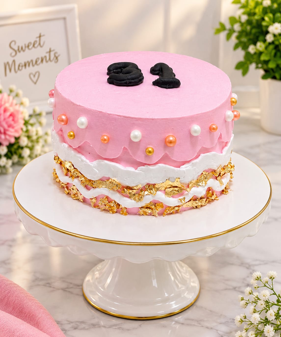 Pink buttercream fault line cake with a white cream ripple, edible gold leaf, white, peach and gold pearl beads and a black fondant number topper, in Bahrain.