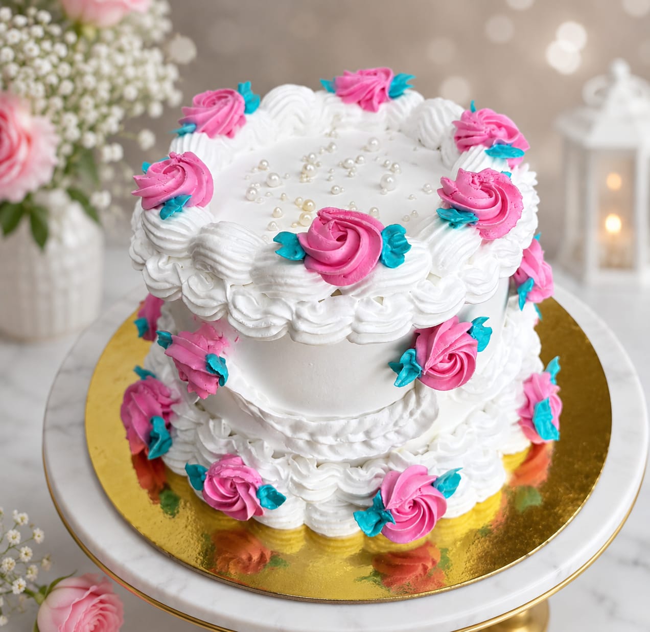 Elegant two-tier white buttercream cake decorated with pink rosette flowers and pearl beads, a custom theme cake in Bahrain.
