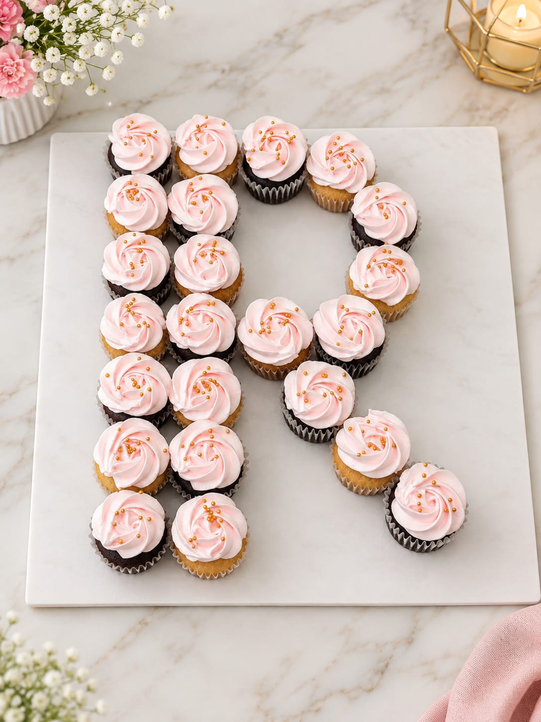Pull-apart cupcake cake arranged in the shape of the letter R, each cupcake topped with a pink buttercream rosette and gold sugar pearls, on a white marble board in Bahrain.