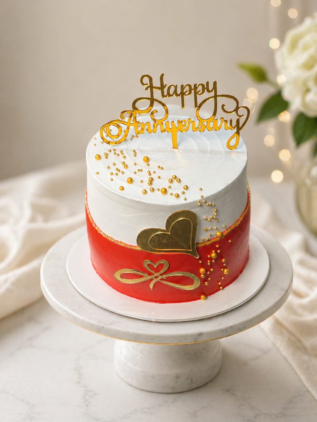 Two-tone red and white buttercream cake with gold heart and infinity accents topped with a Happy Anniversary cake topper, styled for couples in Bahrain.
