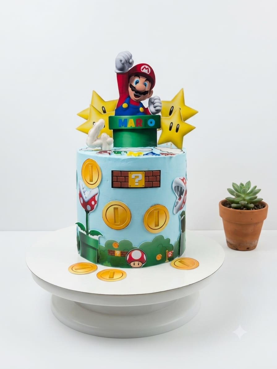 Light blue buttercream cake decorated with Super Mario, gold coins, a question mark brick, mushroom and star cutout toppers, a video game themed custom cake in Bahrain.