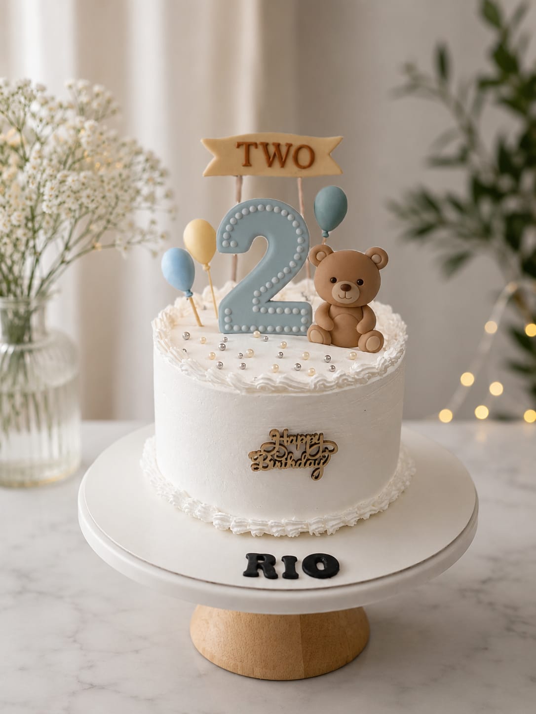 White buttercream cake topped with a fondant teddy bear, a blue number and mini balloon toppers, by CakeCanva in Bahrain.