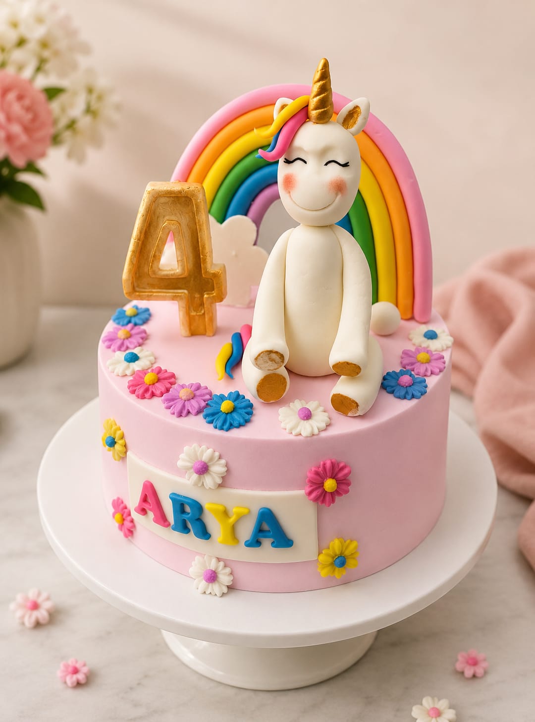 Pink birthday cake with a fondant unicorn, rainbow arch, gold number four and daisy flowers, personalised with the name Arya, by CakeCanva in Bahrain.