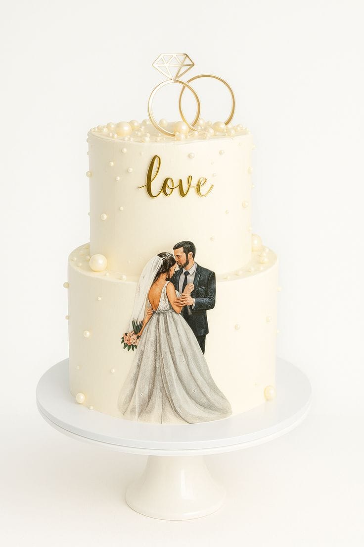 Two-tier ivory pearl wedding cake featuring a hand-painted bride and groom portrait and a gold diamond ring topper, a personalized wedding cake for Bahrain couples.