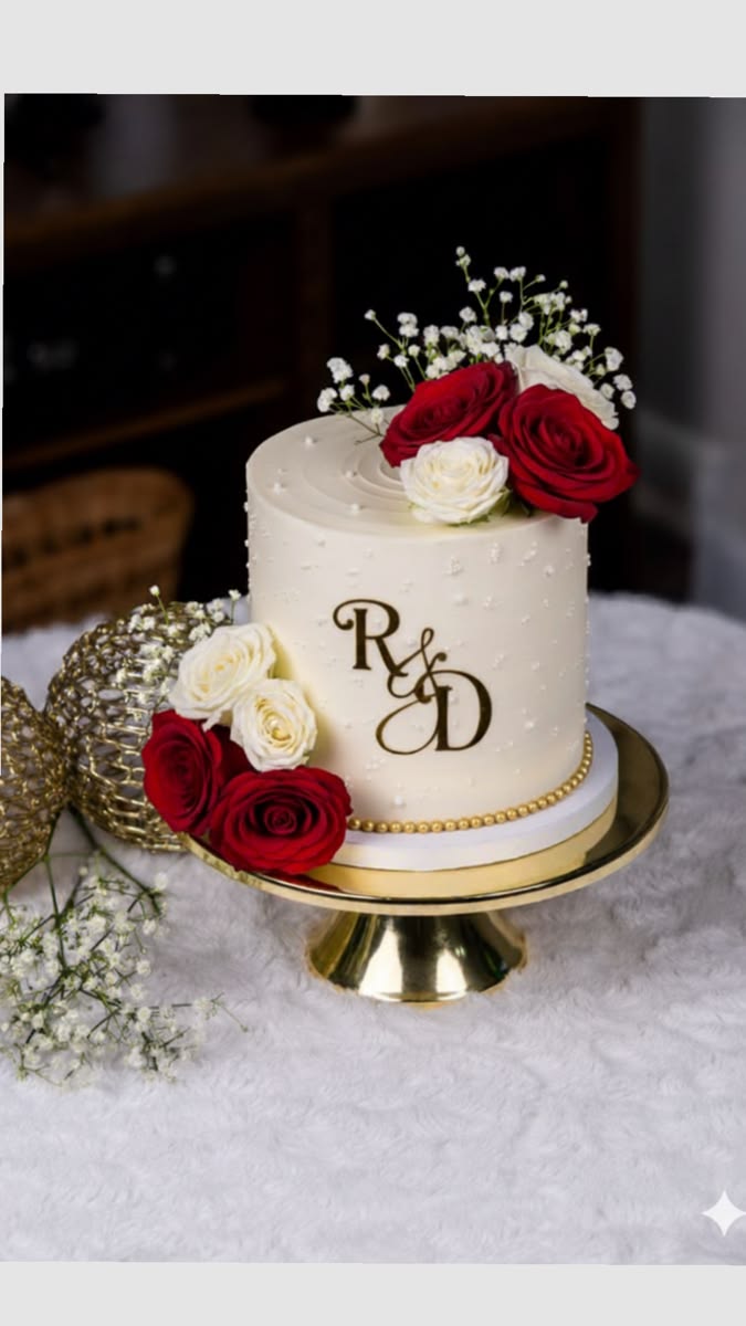 Ivory buttercream wedding cake decorated with red and white roses, baby's breath, and a gold monogram, an elegant wedding cake style popular in Manama Bahrain.