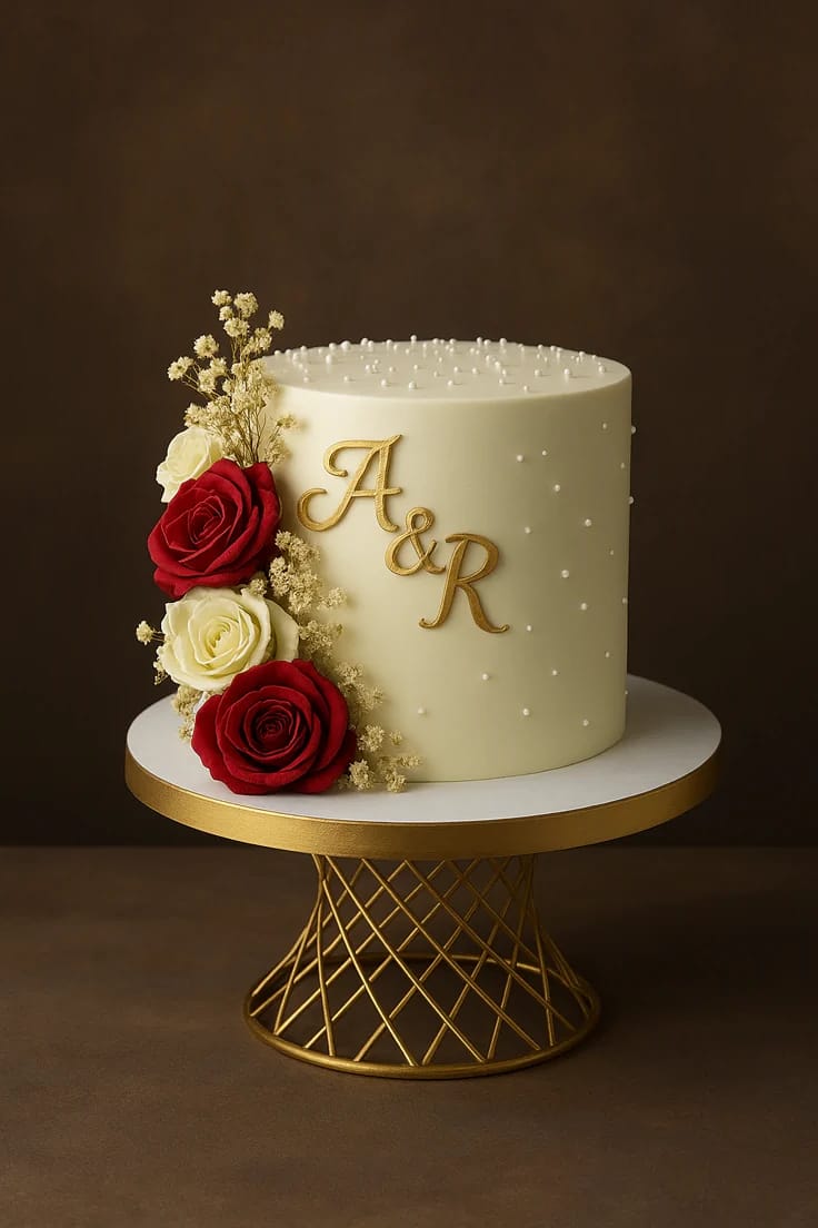 Single tier ivory pearl wedding cake decorated with red and white rose flowers and a gold monogram, a flower theme cake for Bahrain weddings.