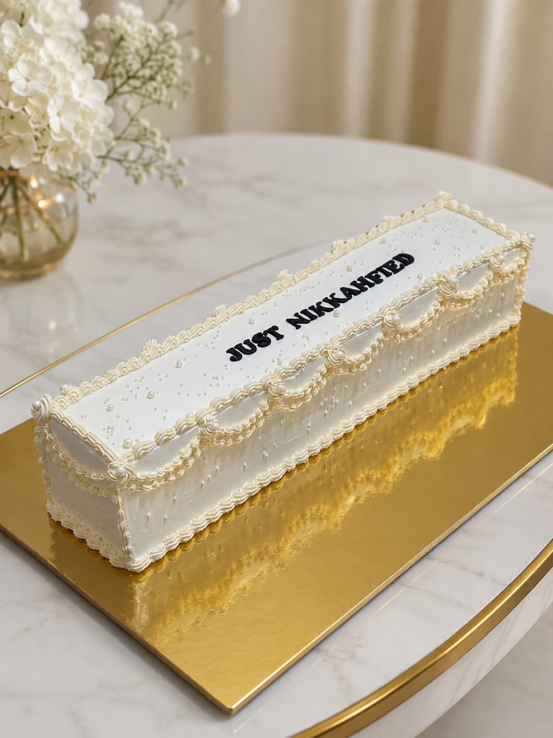Long ivory vintage cake with heritage Lambeth piping, swags, dots and sugar pearls on a gold board, topped with 'Just Nikkahfied' lettering, by CakeCanva in Bahrain.